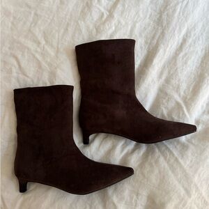 Chocolate Brown Suede Pointed Toe Heeled Boots